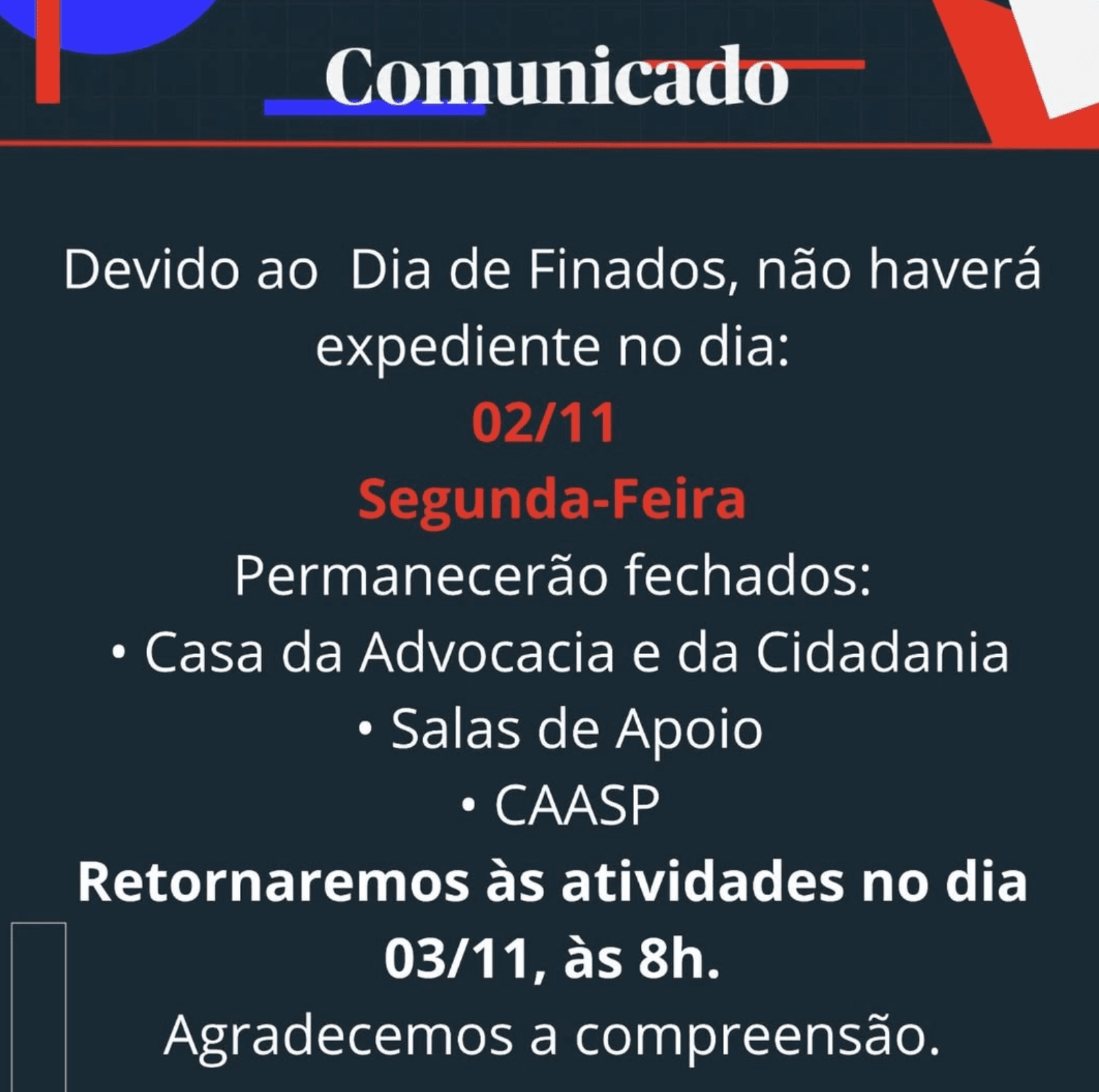 Comunicado: Dia de Finados