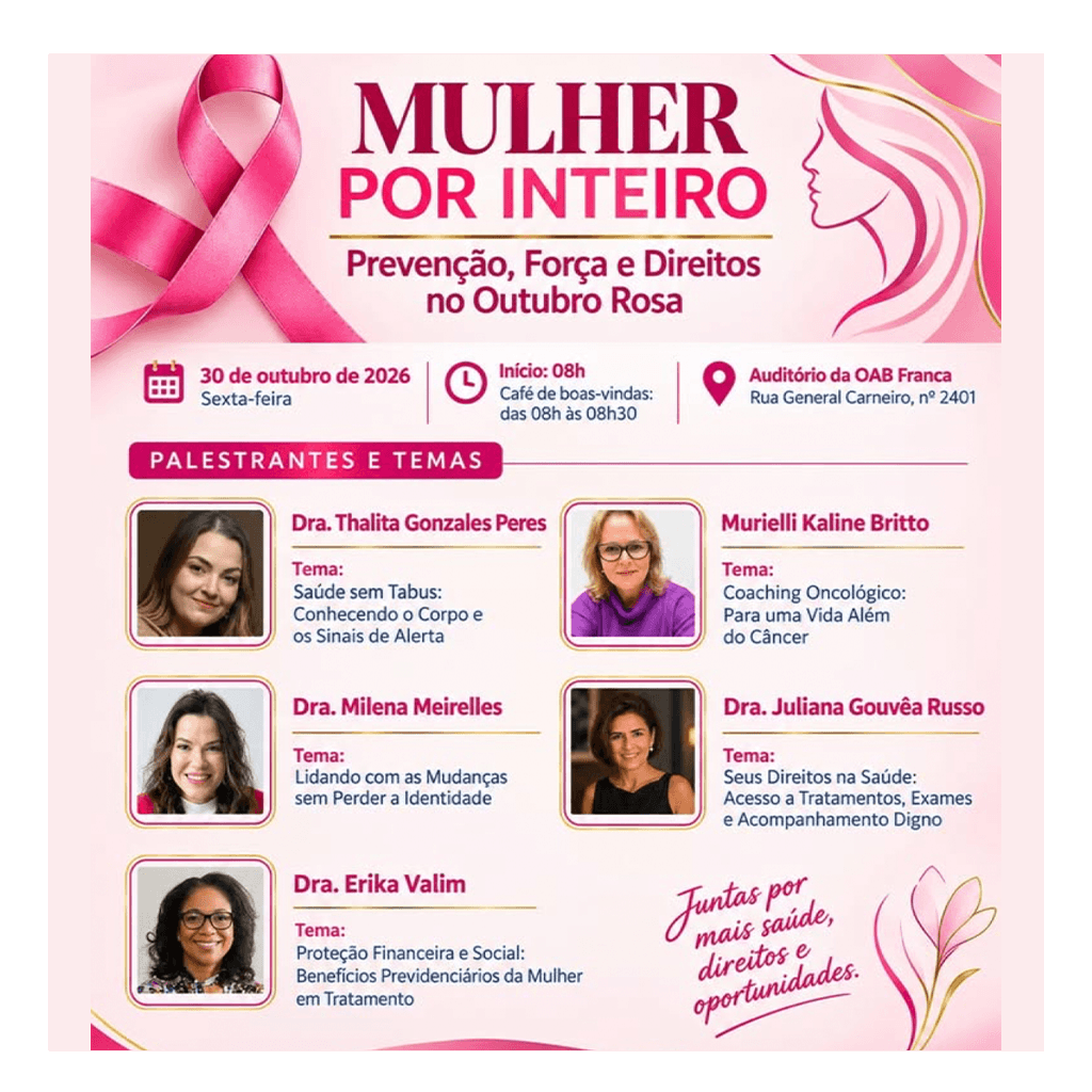 Título Início Fim Modalidade Endereço Status Ações 🌸 Mulher por Inteiro: Prevenção, Força e Direitos no Outubro Rosa.