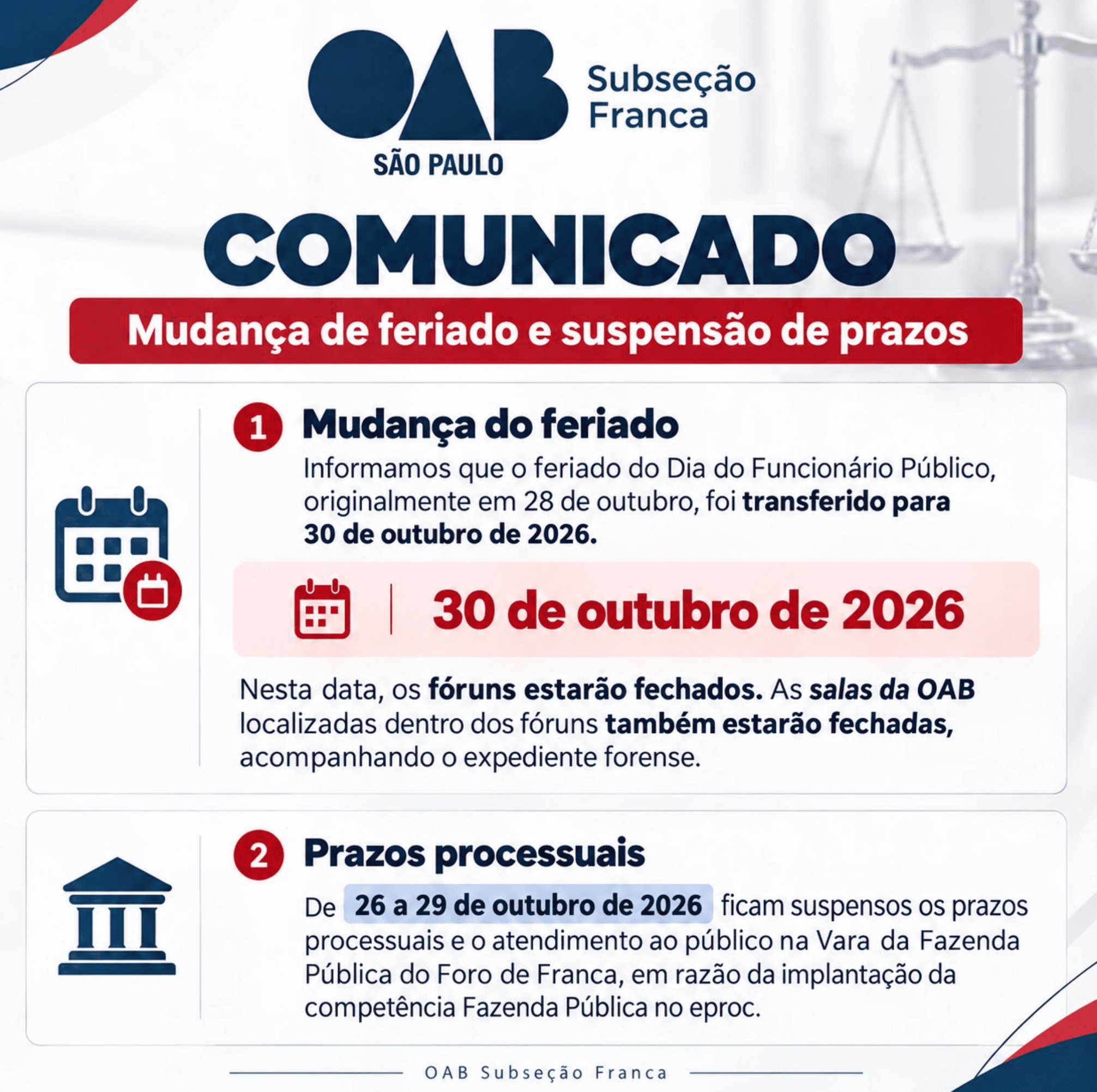 Comunicado: Mudança de Feriado e Suspensão de prazos